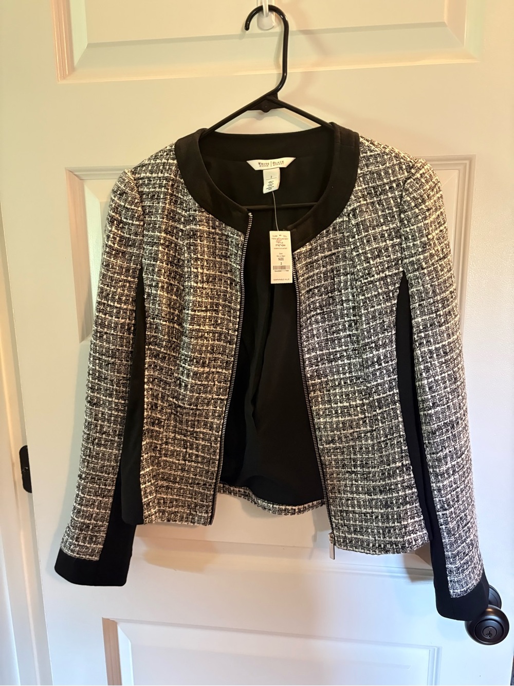 White House Black Market Black & White Tweed Zip-Front Blazer